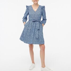 J. Crew Factory Blue Floral Ruffle Shoulder Puff Sleeve V Neck Mini Dress